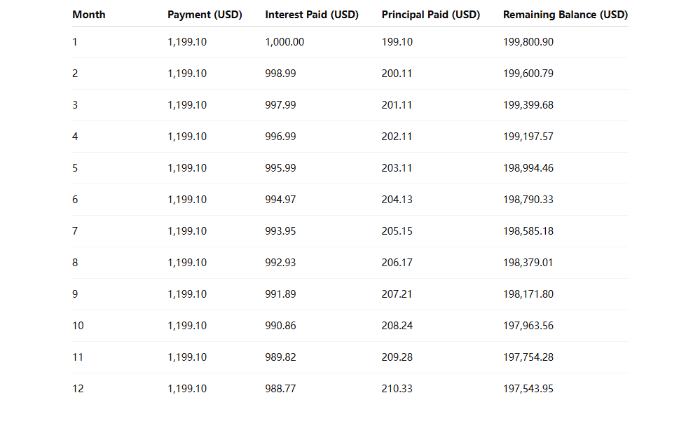 Mortgage Amortization Example (First 12 Months)