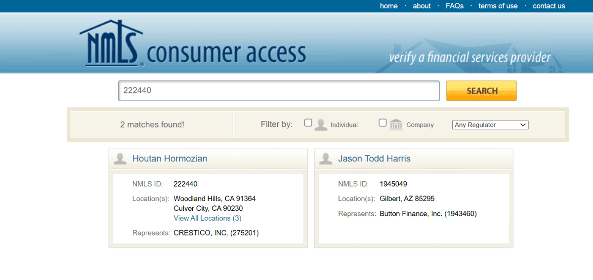 NMLS Customer Access Search Results