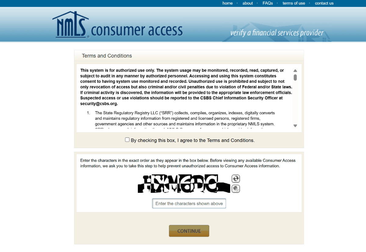 NMLS Customer Access Terms and Code
