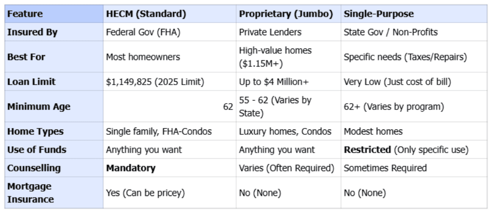 Comparison of 3 Types of Reverse Mortgages